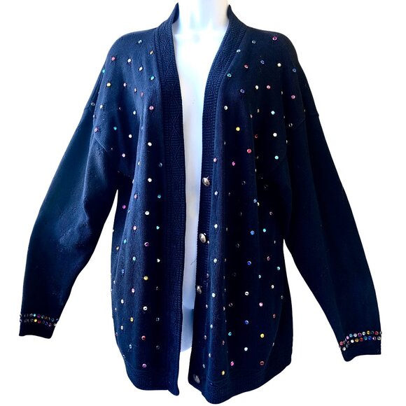DONYA Z NEW YORK Vintage 80's Black Cardigan Sweater BLING - Picture 4 of 14